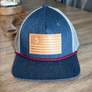 Ocean and Cost Denim and Tan Trucker Hat with Faux Leather Patch